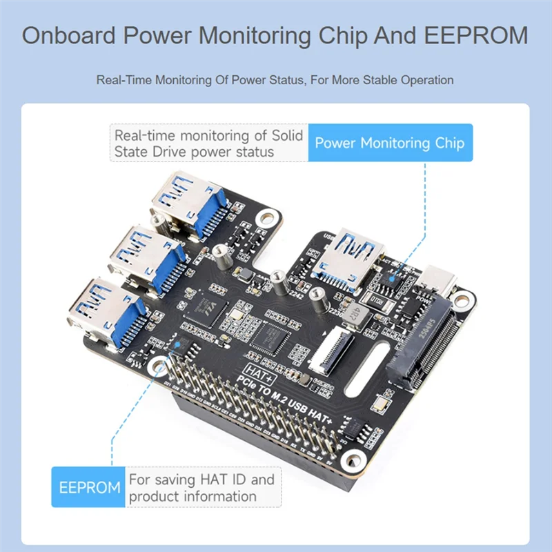 AA08-Pcie - USB 3.2 Gen1 및 M.2 HAT (라즈베리 파이 5용), NVMe 프로토콜 솔리드 스테이트 드라이브 지원, 4채널 USB 3.2 포트 확장