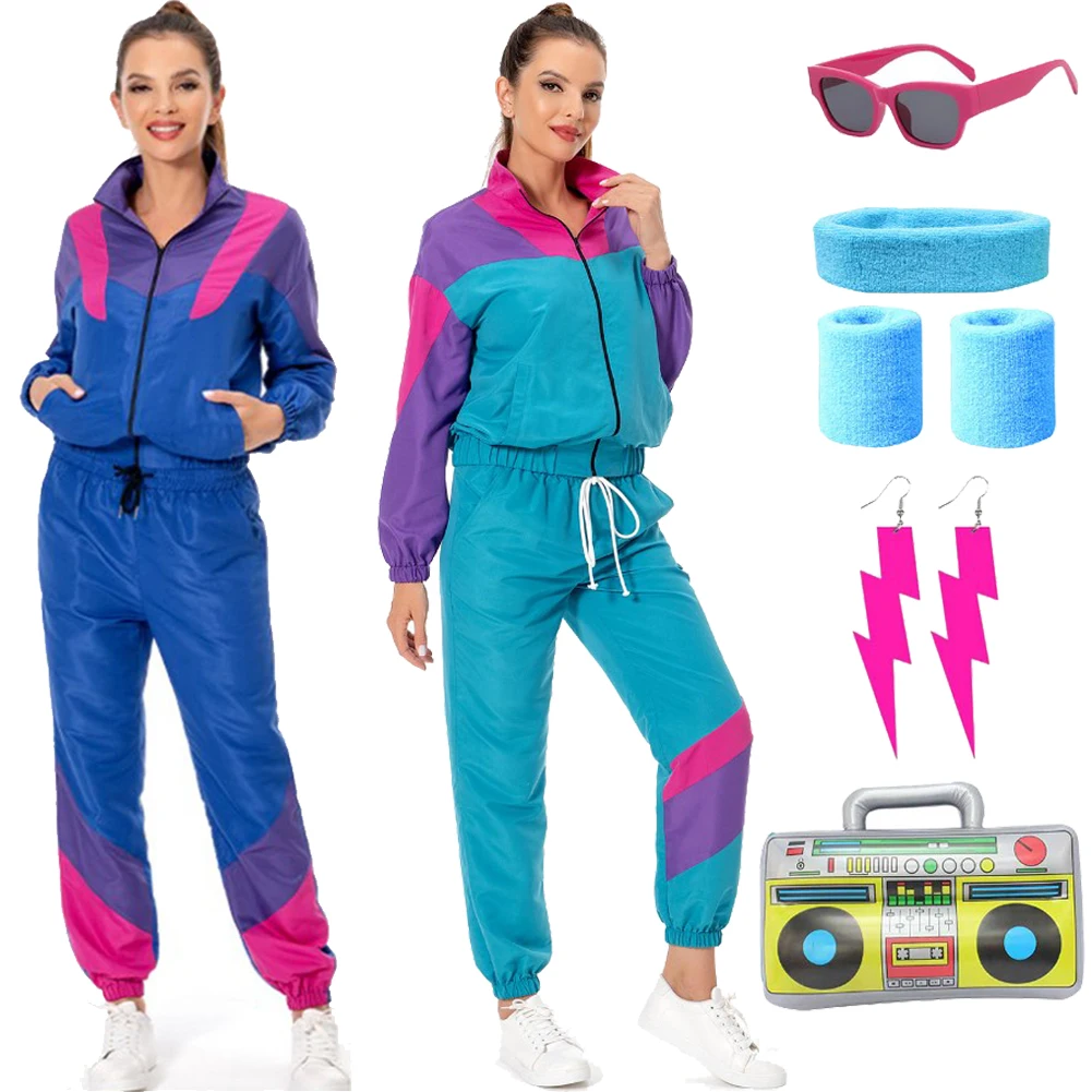 Womens 80s Retro Tracksuit Windbreaker Cosplay Top and Jogger Pants Costume Halloween Carnival Roleplay Suit Female Male Adult