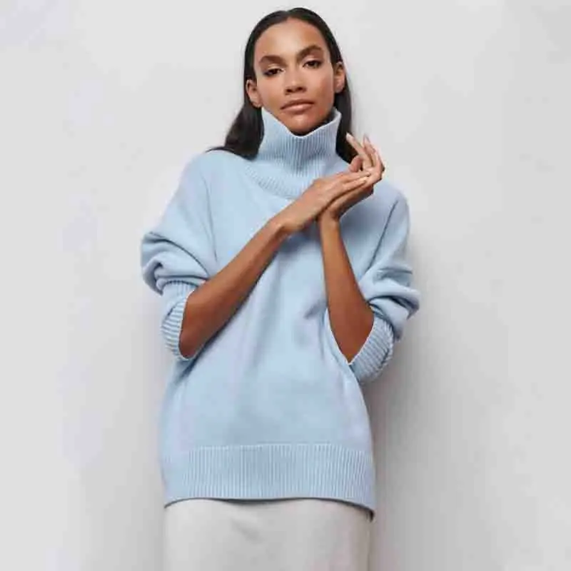 Autumn Winter Fashion Solid Knitted Casual Women Tops Korean Half High Collar Long Sleeve Pullover Lady Sweaters AL727114434556