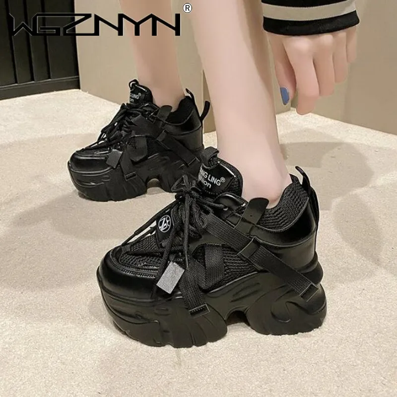 

10.5cm Women High Platform Casual Leather Shoes Spring Autumn Lace-up Breathable Sneakers Wedges Hidden Heels Girl Shoes Woman