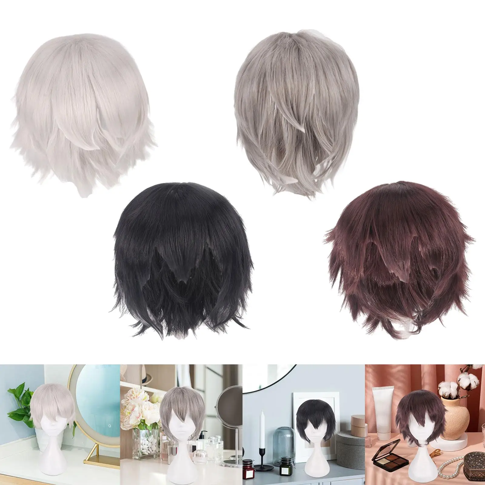 Heat Resistant Cosplay Wig Short Anime Layered Silver White Hair Wig for Women Halloween Party Costume Use