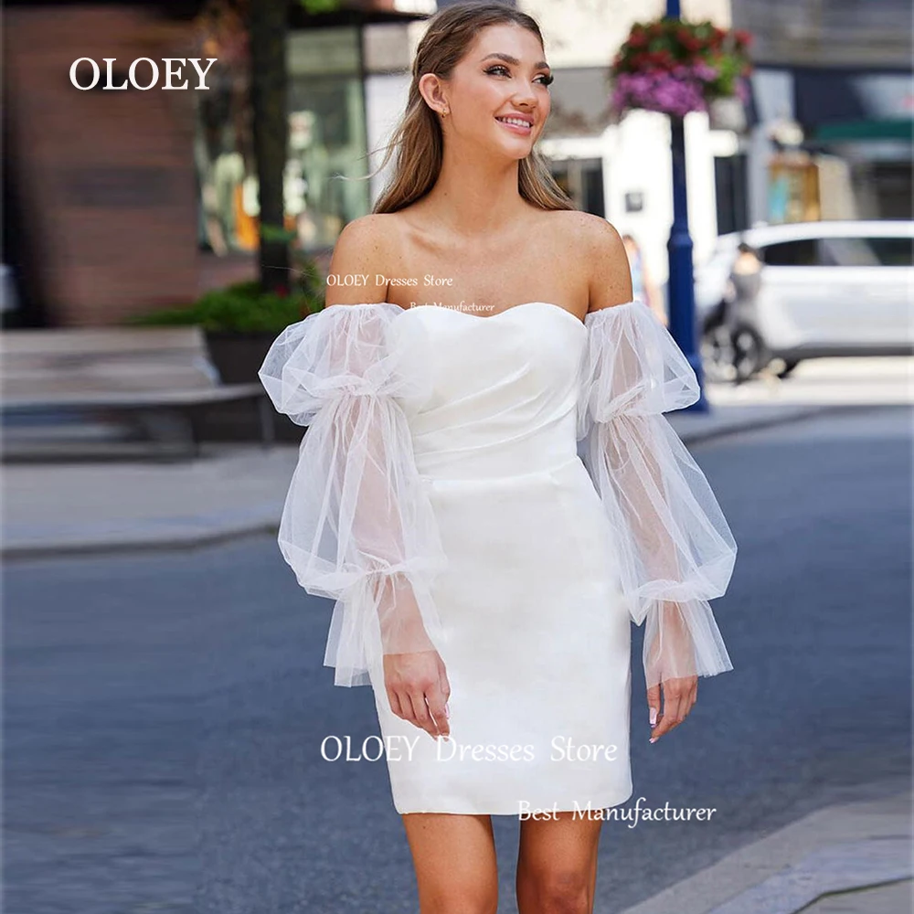 

OLOEY Elegant Short Wedding Dress Sweetheart Pleats Satin Bridal Gowns Ivory Custom Made Robe De Marriage Detachable Sleeves