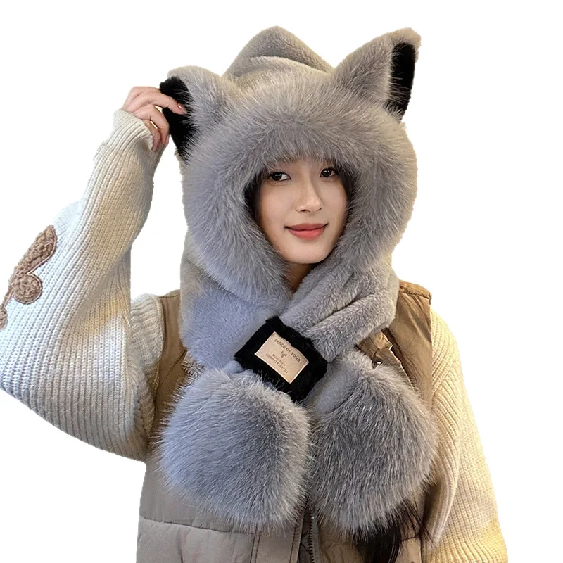 النسخة الكورية من قبعة أذن الثعلب اللطيفة من القطيفة، وشاح قبعة في وشاح نسائي بغطاء للرأس للخريف والشتاء دافئ لركوب الدراجات #6