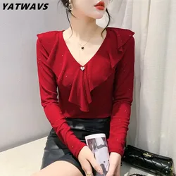 New Autumn Fashion Korean Shiny Mesh T-Shirt Clothes Sexy V-Neck Ruffles Love Decorative Women Tops Long Sleeve All Match Tees