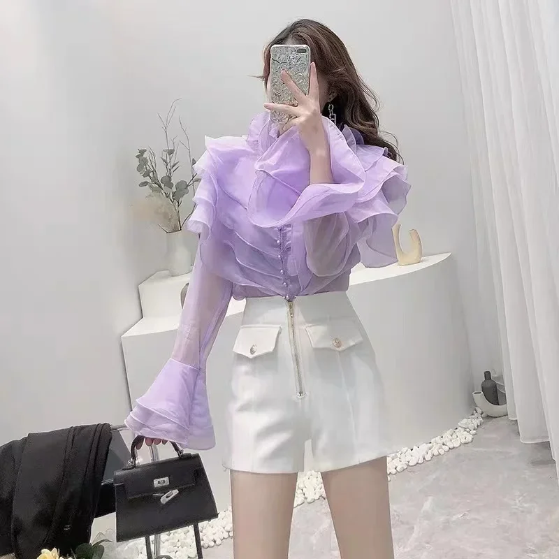 Gagarich Women Shirt 2022 Spring Autumn French Palace Style Ladies Super Fairy Layered Ruffled Organza Flared Sleeve Blouses