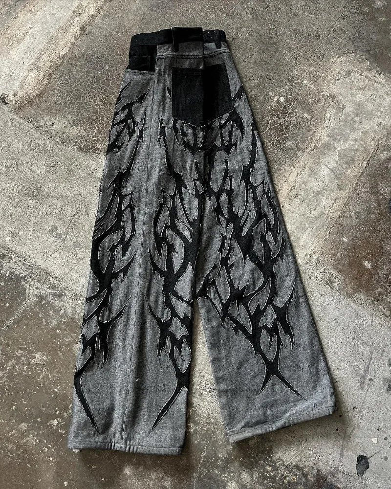 European and American Fashionable High-waisted Trousers Raw Edge Washed Jeans Men Street Loose Oversized Straight Wide-leg Pants