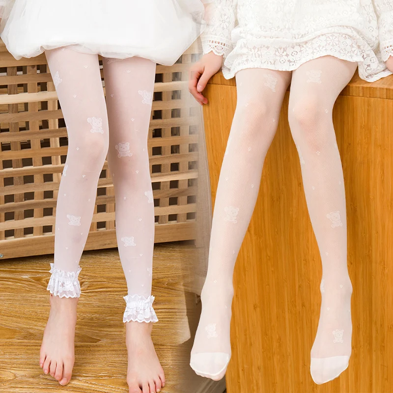 Child Girls bear balloon summer thin pantyhose silk nine-point lace pants princess Super transparent mesh baby kids leggings