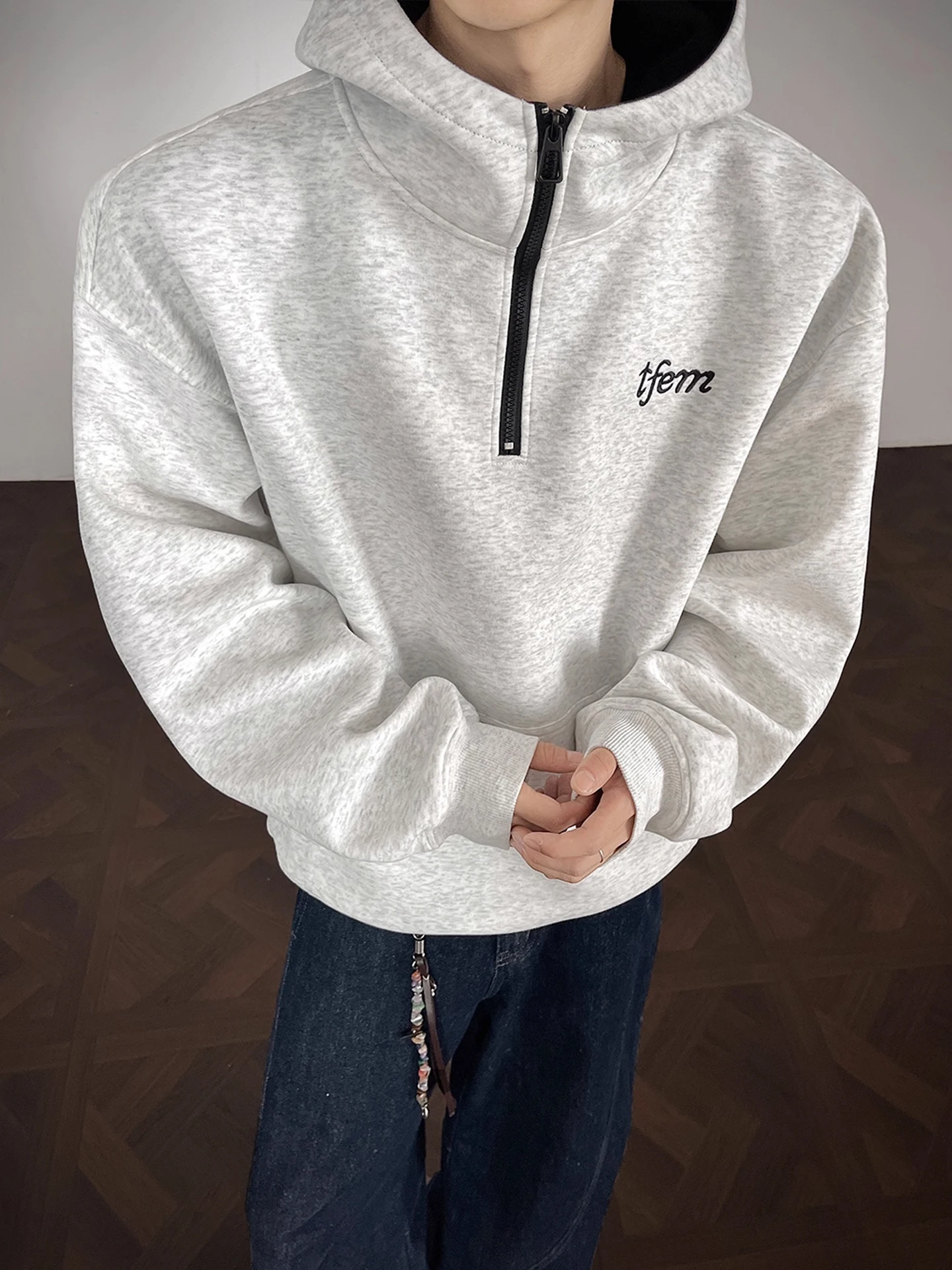 

Heavyweight Hoodie Sweatirt with f Zipper for Men Loose Fit Casual Outerwear Embroidered Hard And Stiff Sle for Autumn