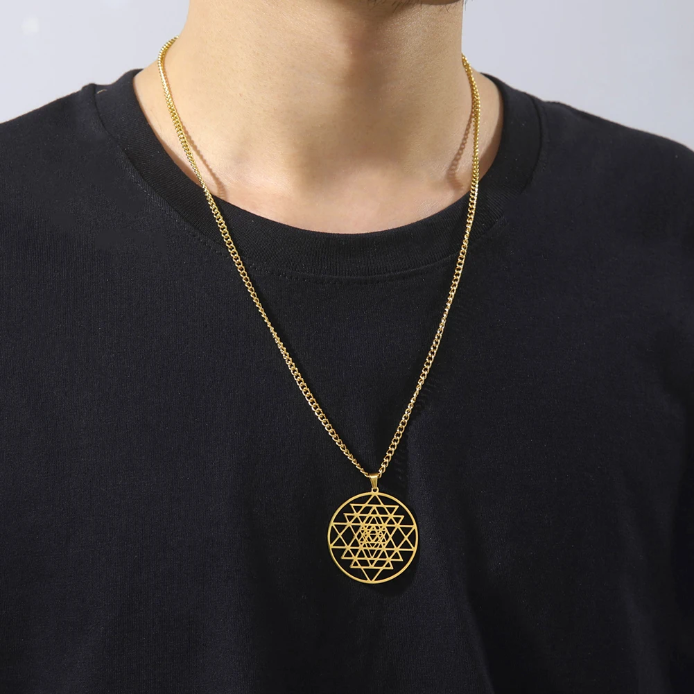 Lucktune Buddhism Sri Yantra Symbol Pendant Necklace Stainless Steel Hindu Chakra Amulet Necklace for Men Vintage Jewelry Gift