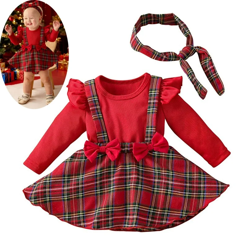 

2Pcs Newborn Baby Girl Christmas Clothes Infant Red Plaid Romper Dress Ruffle Long Sleeve Ribbed Bodysuit Headband Set bebe