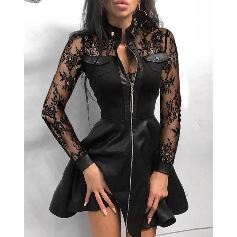 

2023 Autumn Winter Long Sleeve V-Neck Zipper PU Pocket Dress Women's Fashion