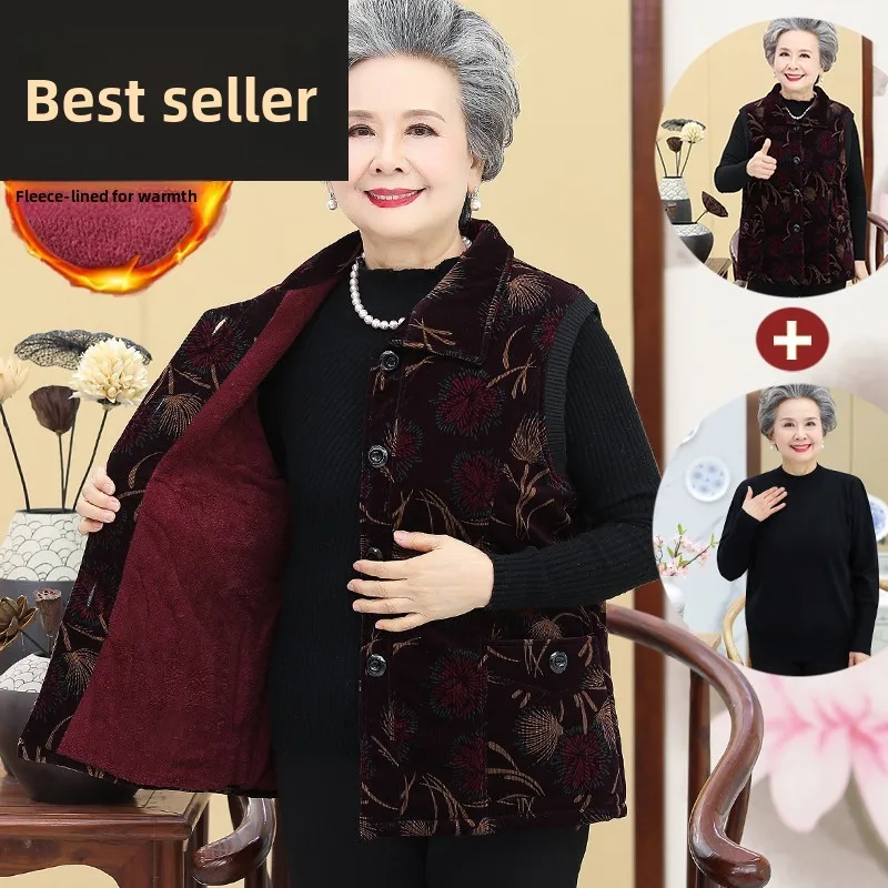 

Thiened Fce Warm Vest for ly Women Autumn Winter Outfit Mom Cotton Jaet Vest Collar Single Button Closure