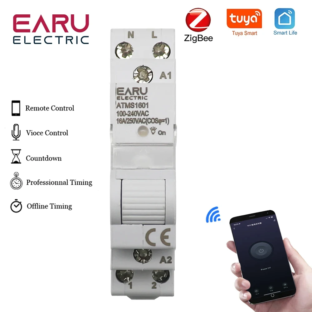 AC 110V 220V 16A Single Phase 18MM Mimi Din Rail 35mm Zigbee WIFI Smart Timer Relay Switch Breaker Remote Control by Tuya APP