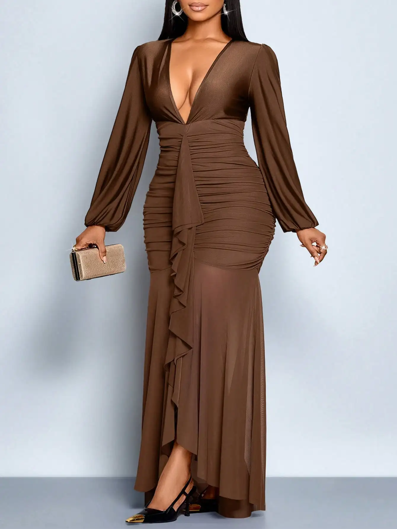 

Women's Plus Size V-Neck Long Sleeve Ruched Maxi Dress with Asymmetrical Hem