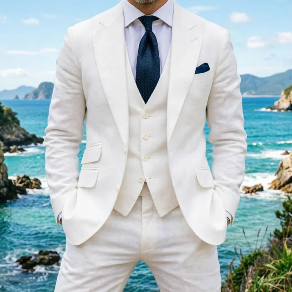 Summer Linen Men Wedding Tuxedo 3 Piece Set Prom Suit Lightweight Slim Fit Blazer Vest Pants Set Breathable Formal Party Outfits