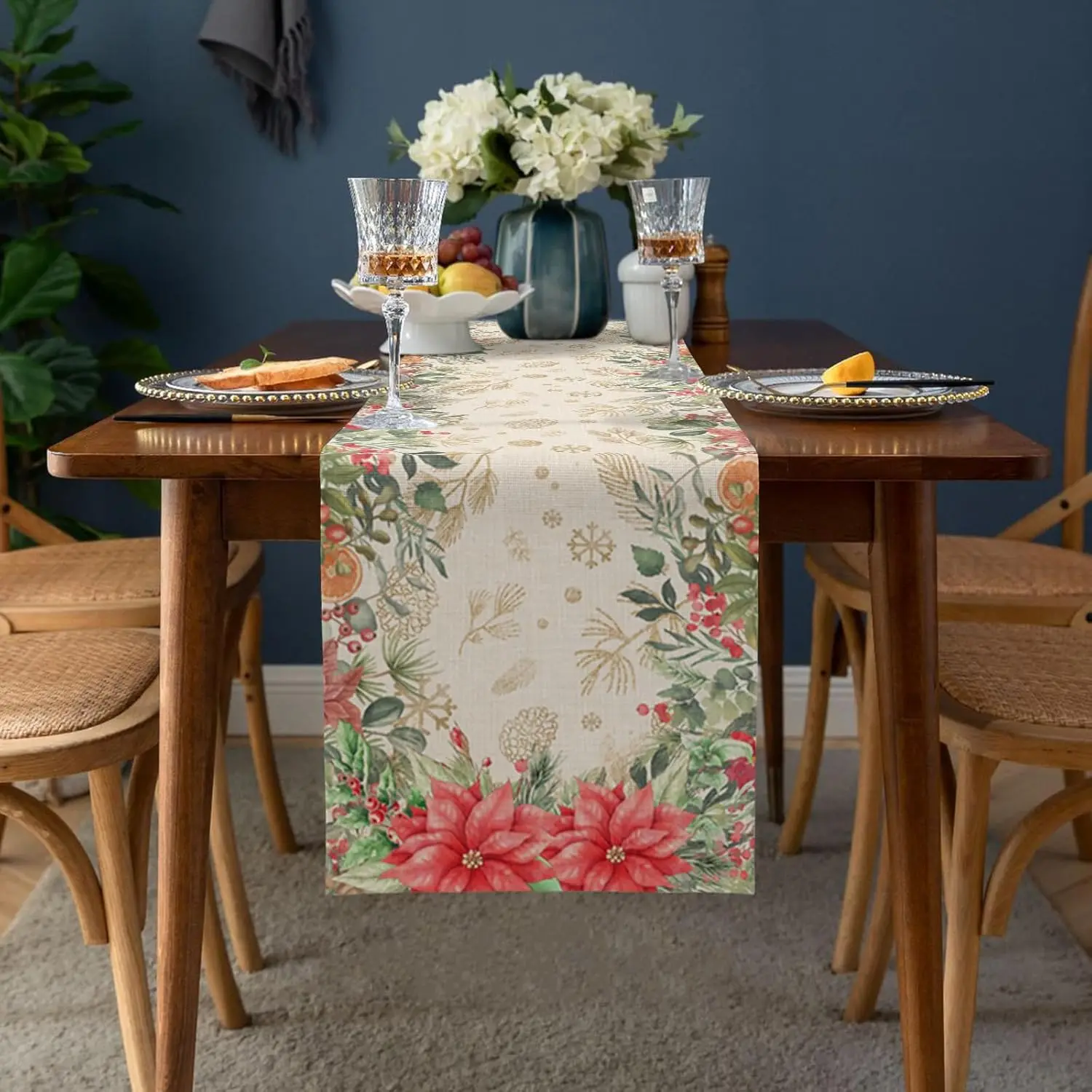 Christmas Poinsettia Flower Pine Cone Linen Table Runner Dresser Scarves Reusable Kitchen Dining Table Runner Navidad Decoration