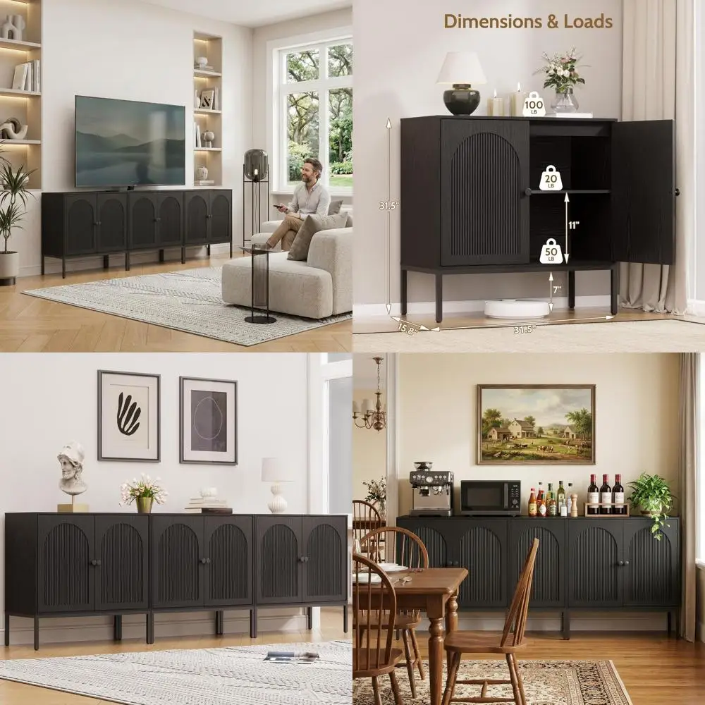 

Triple Black Sideboard Set, 94.5 Wide Buffet Cabinet, Large Storage Credenza with Arched Doors, 2-Door Accent Cabinet for Hallwa