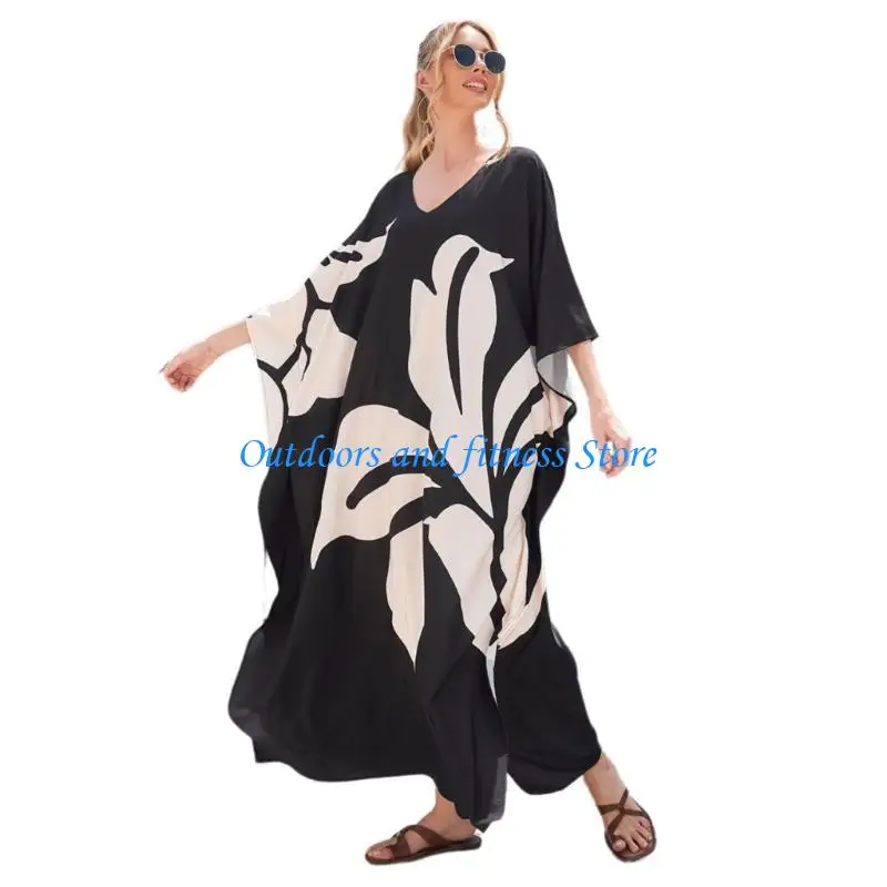 

H053 Women Print Beach Dress Full Length Beach Coverup Dress Loose Casual Coverup