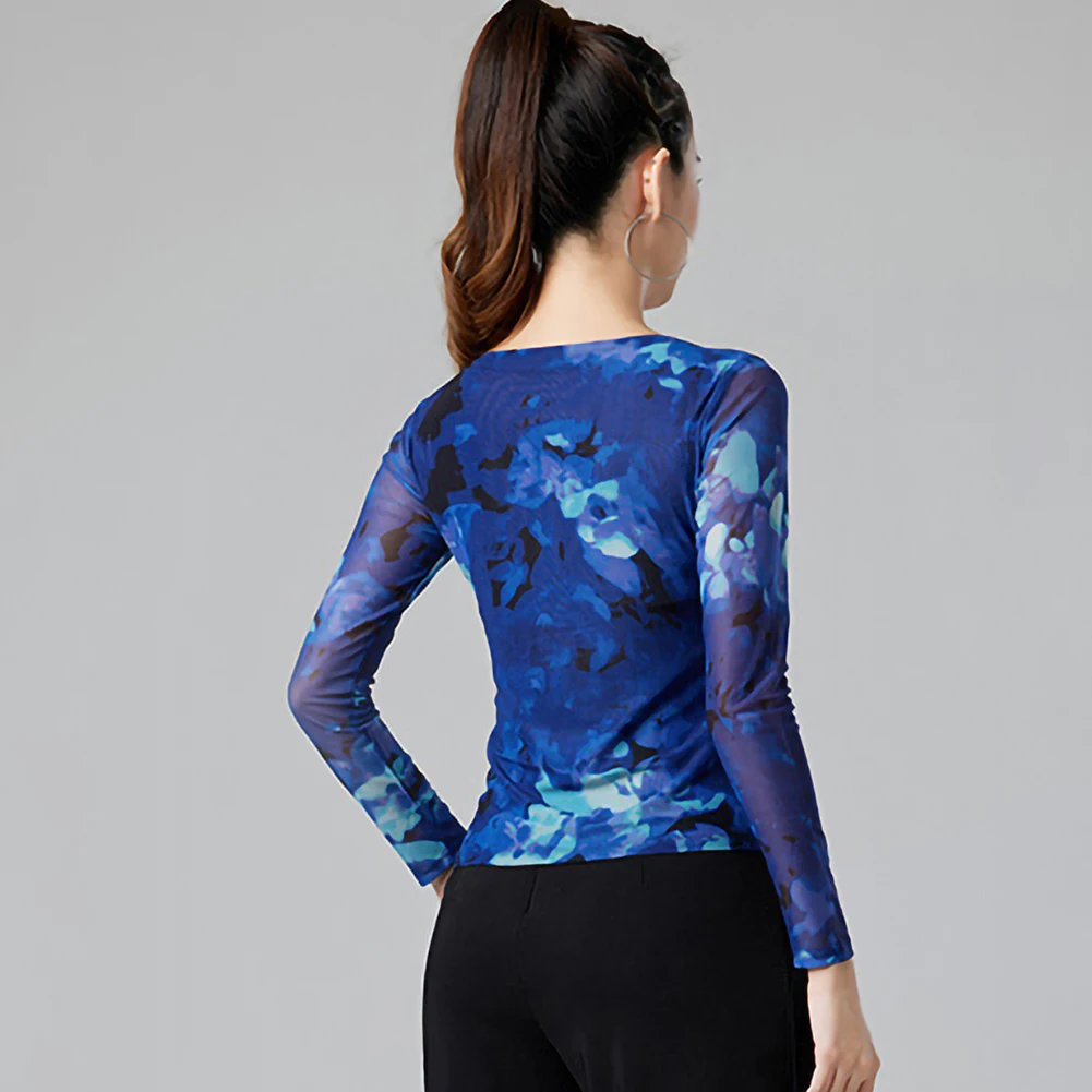 Латинский топ, женский топ с длинным рукавом GB Choreography Practice, синее новое тренировочное платье для самбы, рубашка для выпускного вечера, сетка с круглым вырезом