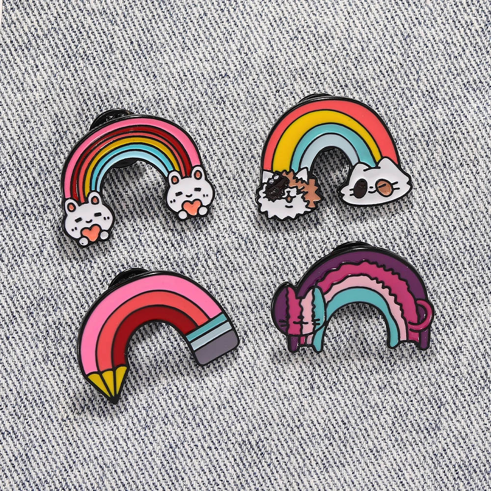 New Creative Rainbow Animal Collection Pins Colorful Cat Rabbit Pencil Enamel Brooches Cheap Jewelry Wholesale