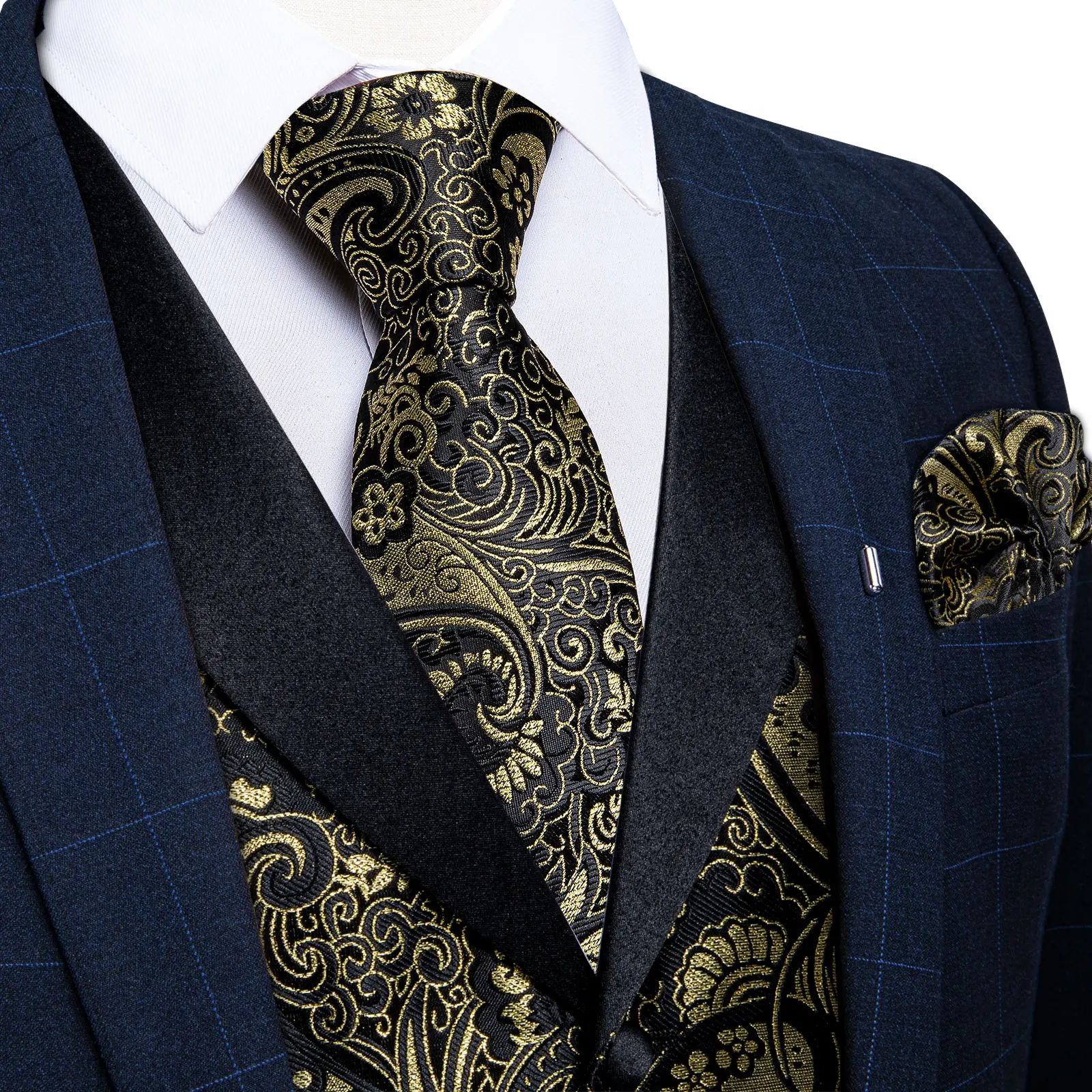 Men\'s Paisley Silk Suit Vest with Macthing Golden Paisley Neck Tie Handkerchief Cufflinks Wedding Prom Tuxedo Waistcoat