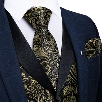 Men's Paisley  Suit Vest with Macthing Golden Paisley Neck Tie Handkerchief Cufflinks Wedding Prom Tuxedo Waistcoat 4