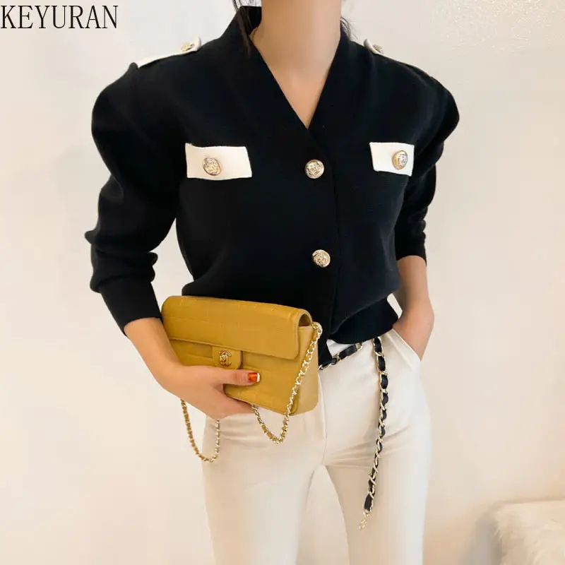 Knitted Cardigan Sweater Women 2024 Autumn Winter Korean Fashion Elegant Contrast Color Chic Button Long-sleeved Knitwear Tops