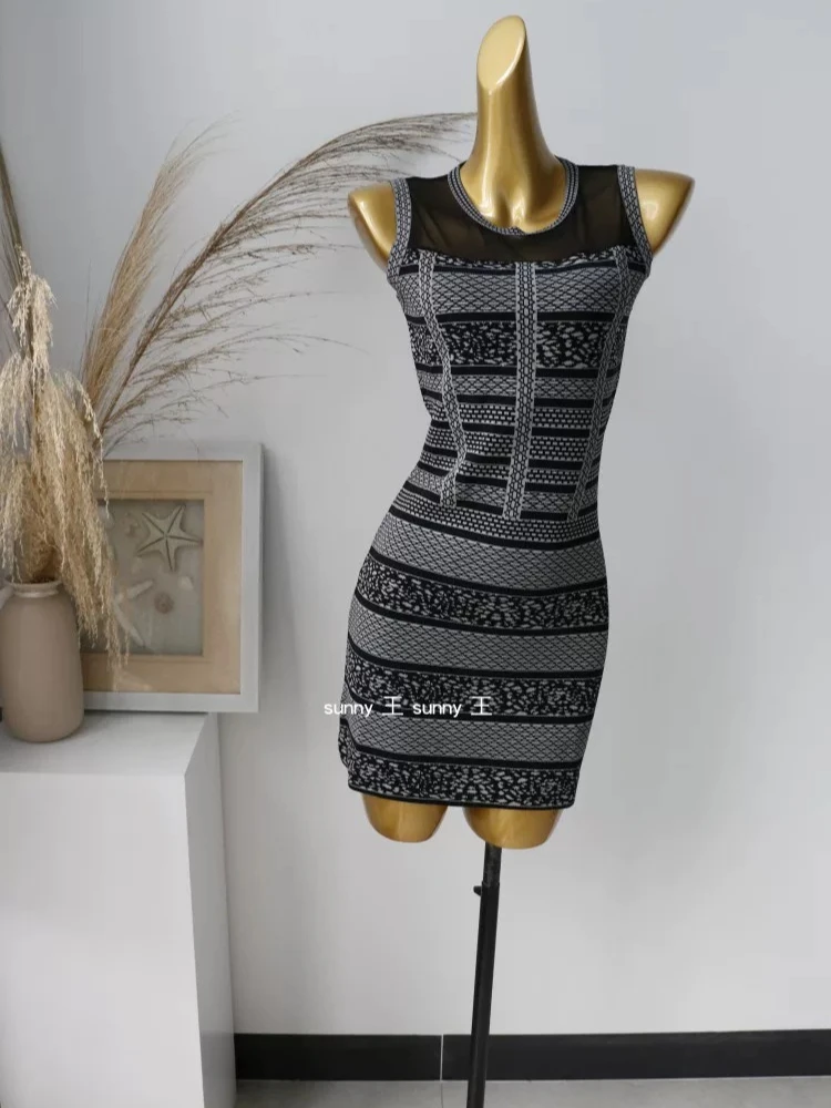 

2026 New High Quality Durable Comfortable Crew Neck Mesh Stitching Sleeveless Knitted Dress for Women Mini Elegant Vestidos S-L