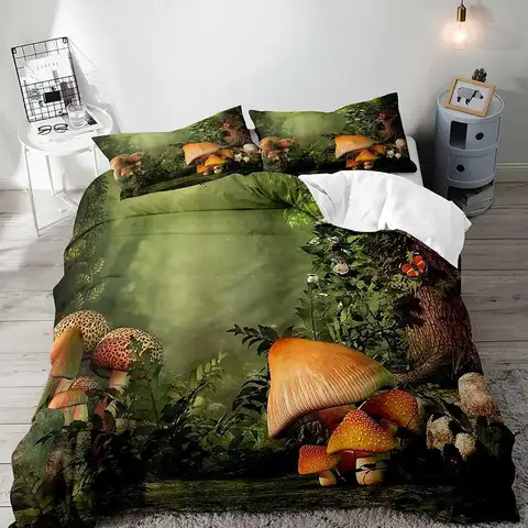 Olive Green Queen King Size Duvet Cover Set Boys Girls Kids Bedding Magic Forest Wonderland Plants Fungi Mushrooms  3 Piece Set