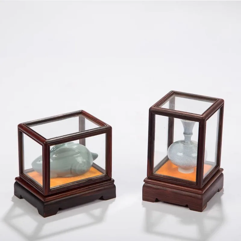 Square Transparent Glass Cover Wooden Pallets Display Stand Small Dust Cover Home Decor Ornament Display Box Decorative Shelves