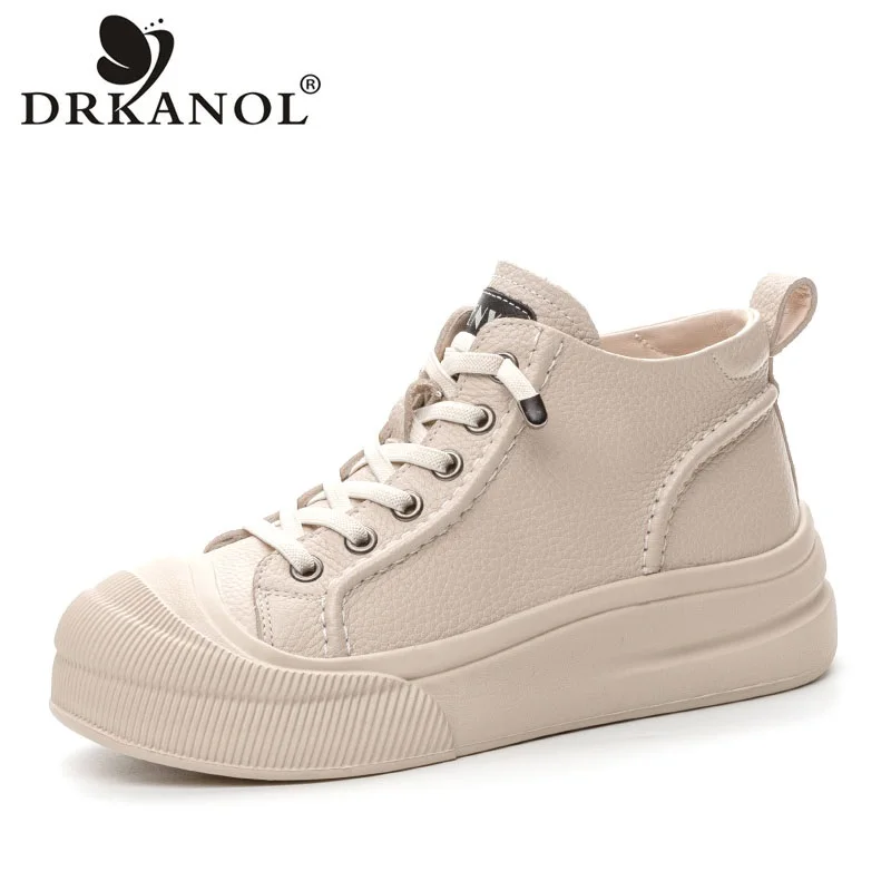 DRKANOL Fashion High Top scarpe Casual da donna Sneakers in vera pelle di mucca punta tonda con fondo spesso piattaforma scarpe da tavola leggere