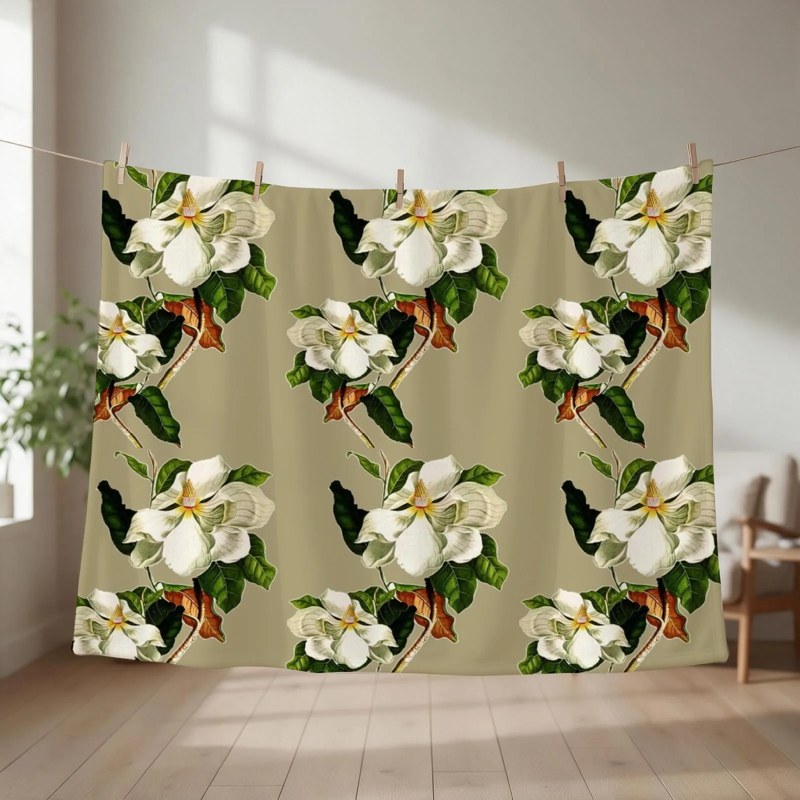 Vintage White Magnolia Pattern on Khaki Background Throw Blanket Decorative Sofa Soft Beds Hairys blankets and throws Blankets