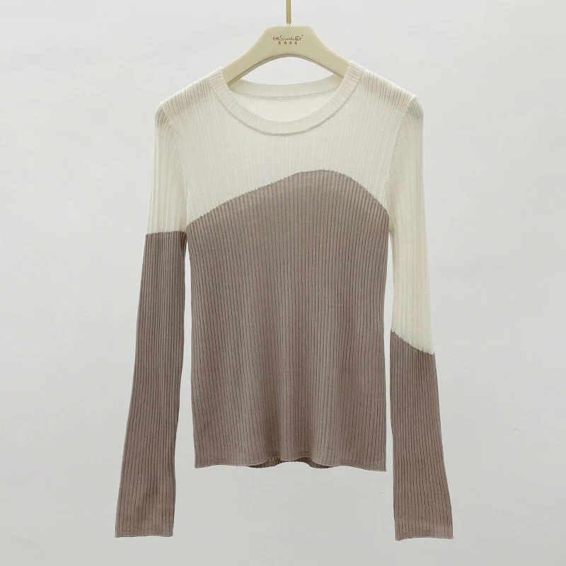 pullover worsted wool women sweater autumn top ladies sweaters vintage shirt long sleeve slim fall knitted color block pullovers