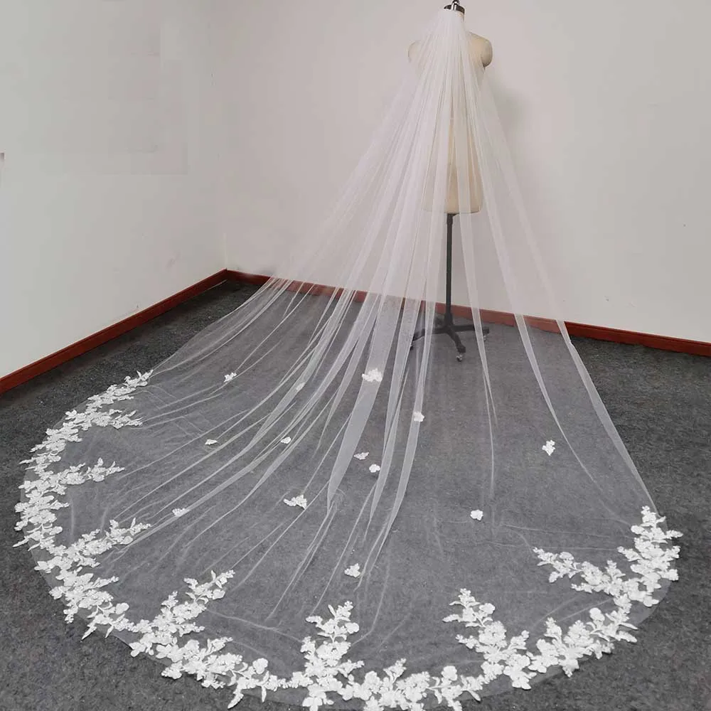 Real Photos Lace Wedding Veil One Layer 3.5 Meters Long Bridal Veil with Comb 1 Tier 3.5M Velos De Novia Wedding Accessories