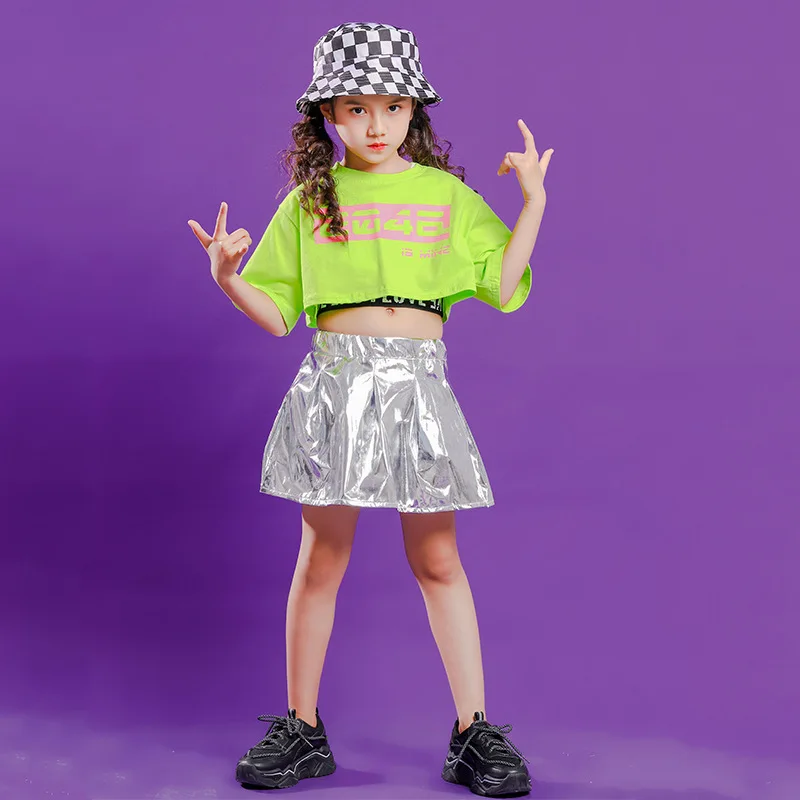 Mädchen Hip Hop Straßenkleidung Grün Crop Tops Silber Lederrock für Kinder Streetwear Kostüm Jazz Dance Kleidung