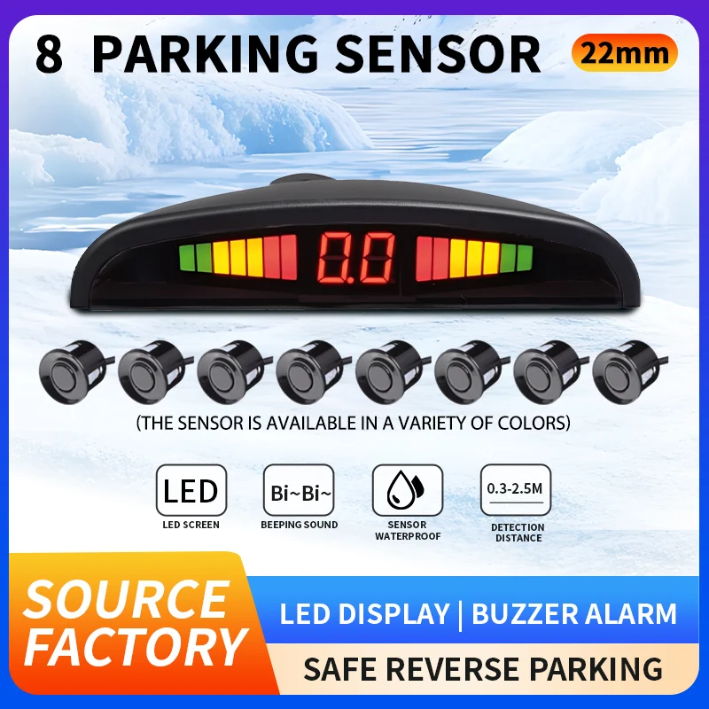 

8 sensors LED car parking sensor, 22mm，beeping mode, equipped with display screen and control host box.