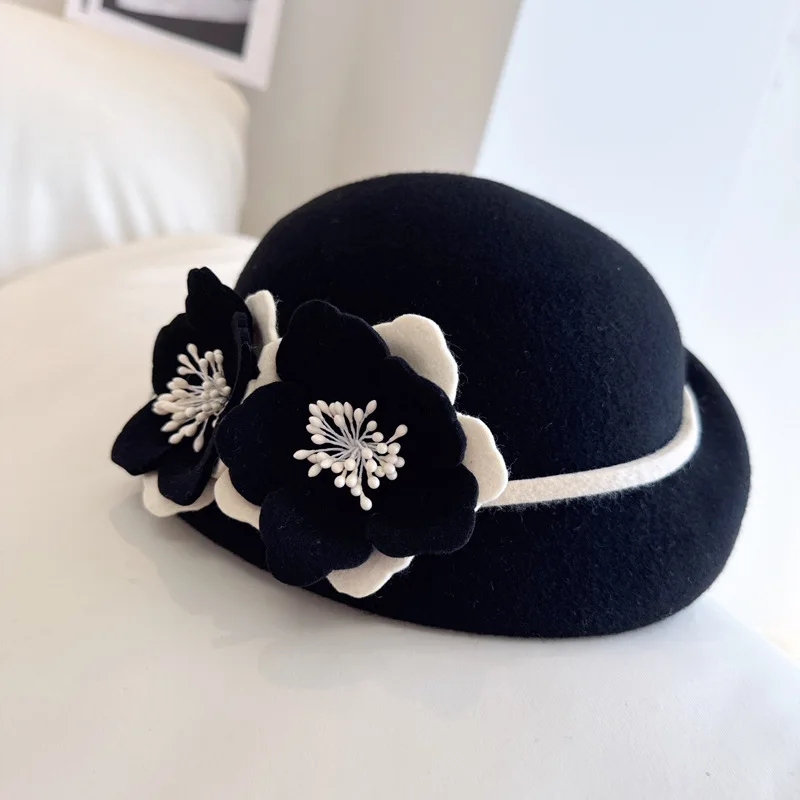 Small fragrant camellia beret High quality Australian wool felt hat Hepburn style elegant fashion hat