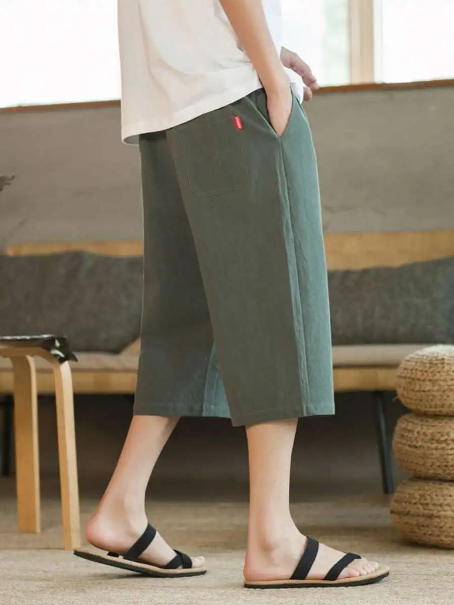 

Men's Cotton Linen orts Summer Thin Casual Loose Eight Points Linen Sports Pants Outerwear Wide Leg High Waist Spring