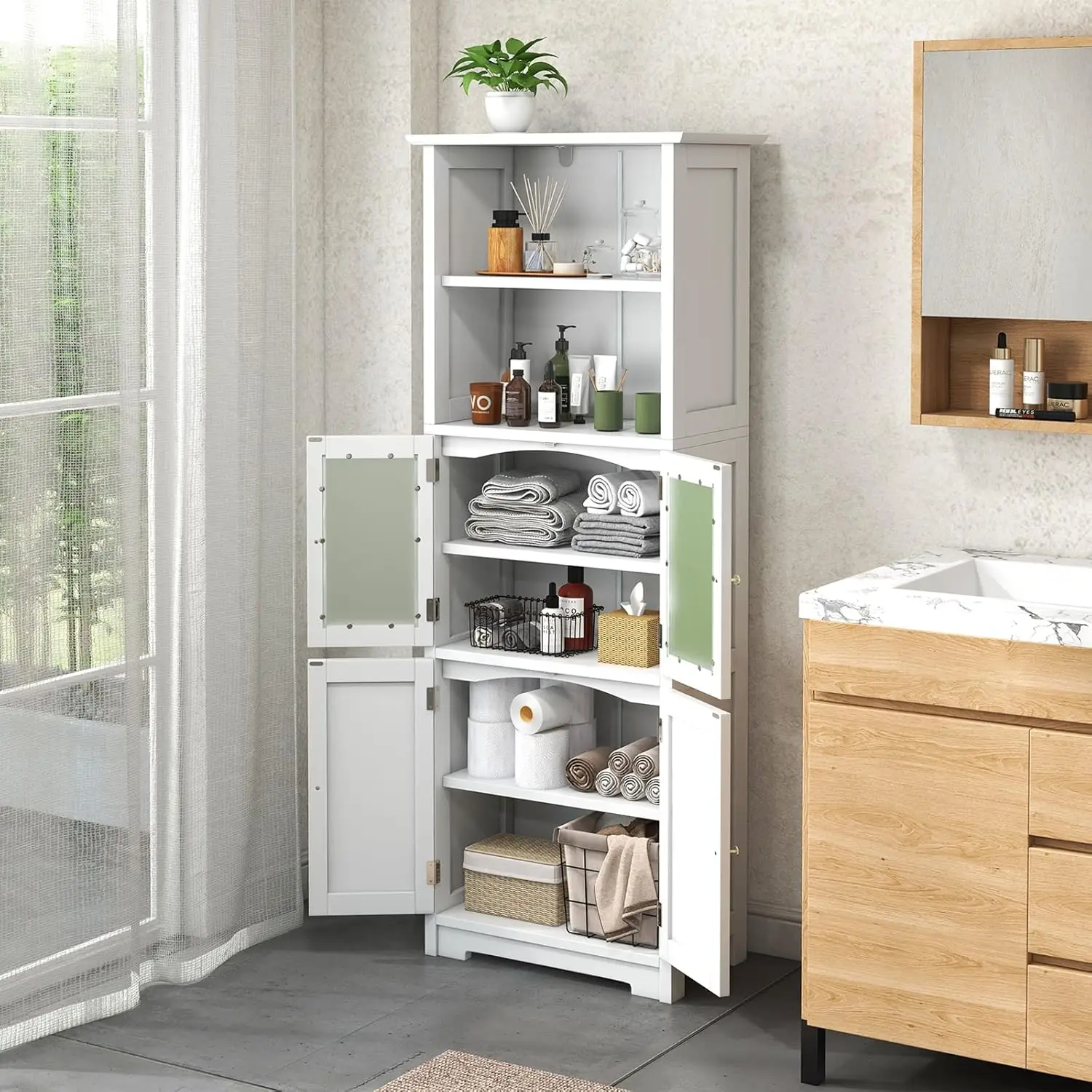 Tall Bathroom Storage Cabinet, Freestanding Floor Cabinet w/2 Glass Doors & 2 Open Shelves, 3-Position Adjustable Shelves