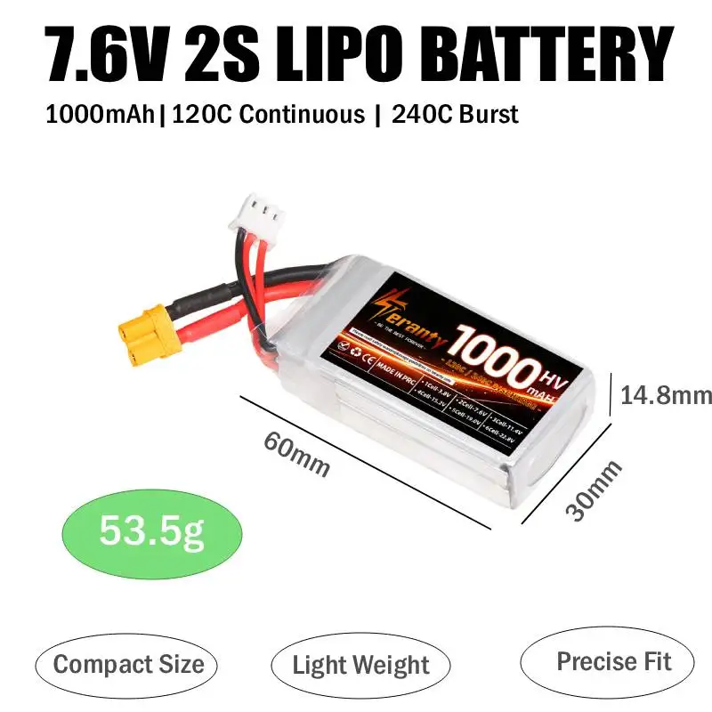 2/4Pcs Teranty 7.6V 2S HV 1000mAh 120C LiPo Battery for 2-3inch FPV Quadcopters RC Car RC Boat BetaFPV Eachine Tyro75