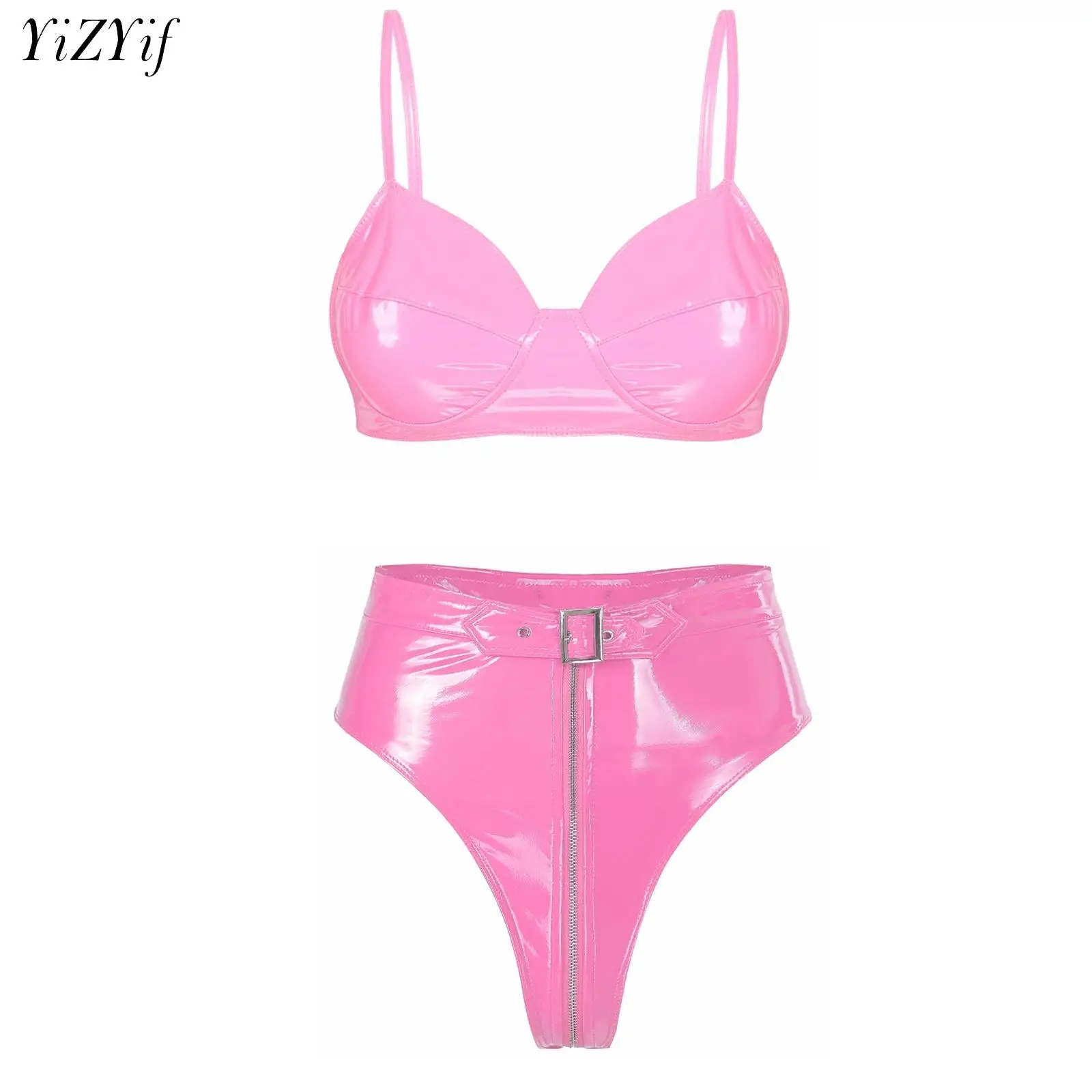 

Women Patent Leather Outfit Lingerie Wet Look Underwear 2pcs Wireless Bra with Zipper Briefs Rave Carnival Party Club Dance Wear