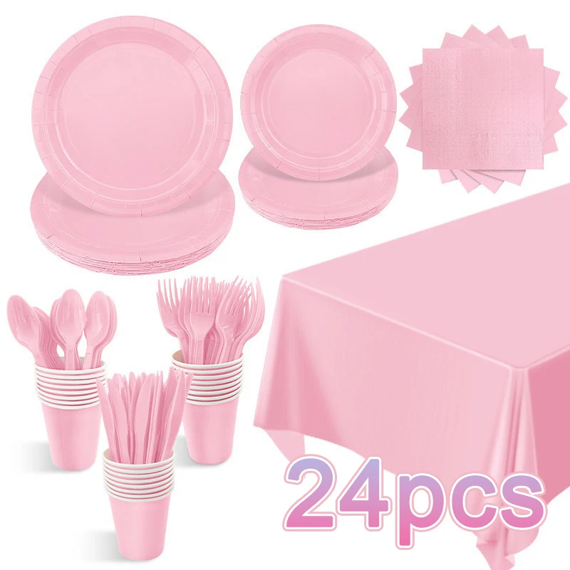 

Pink Party Supplies Bulk Pack Disposable Tableware Set 9/7 Inch Plates Cup Cutlery Tablecloth for Wedding Birthday Bridal Shower