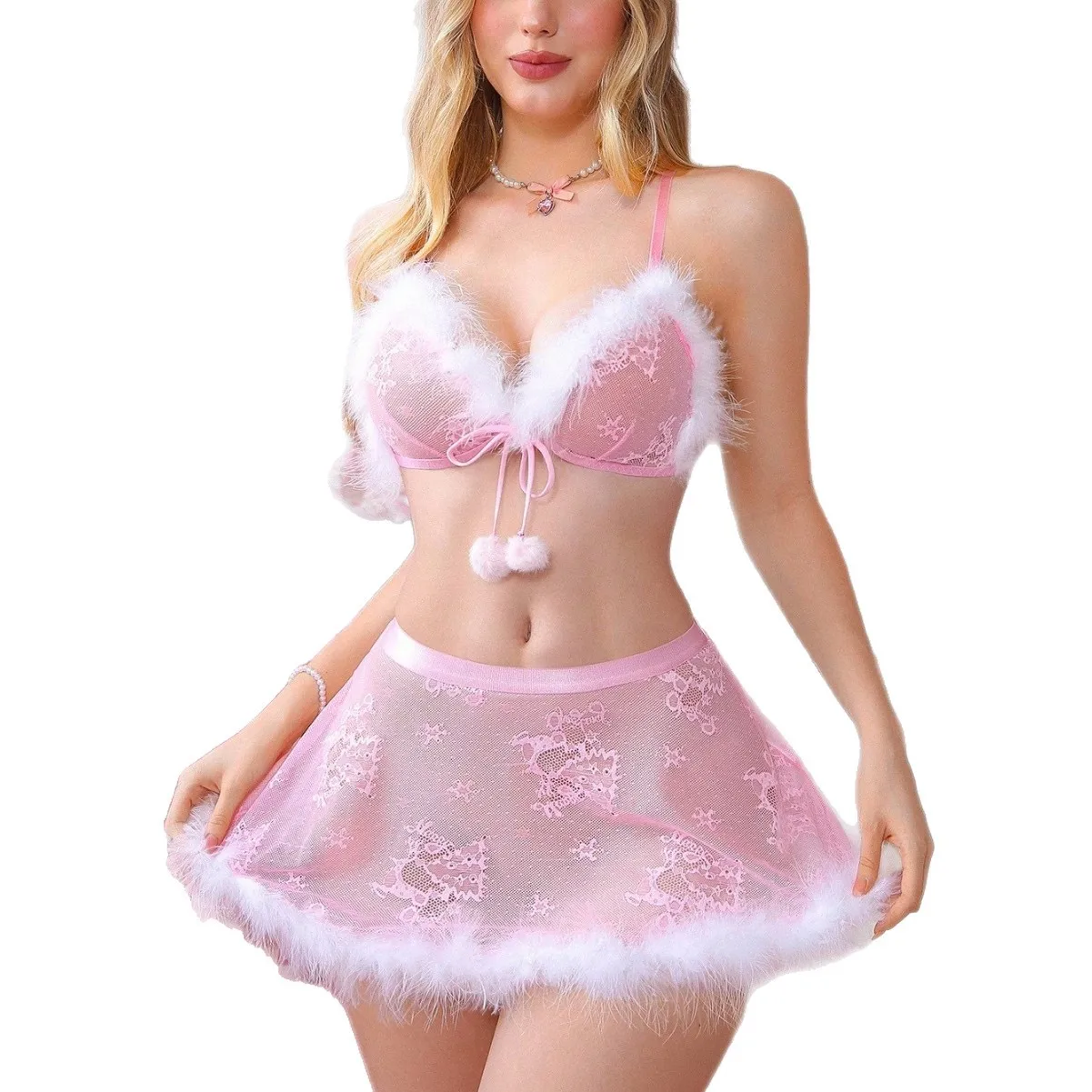 

Backless Sling See Through Lace Pink Women Underwear Cross Strap Hollow Out Bowknot Mesh Christmas Uniform Lingerie Sets