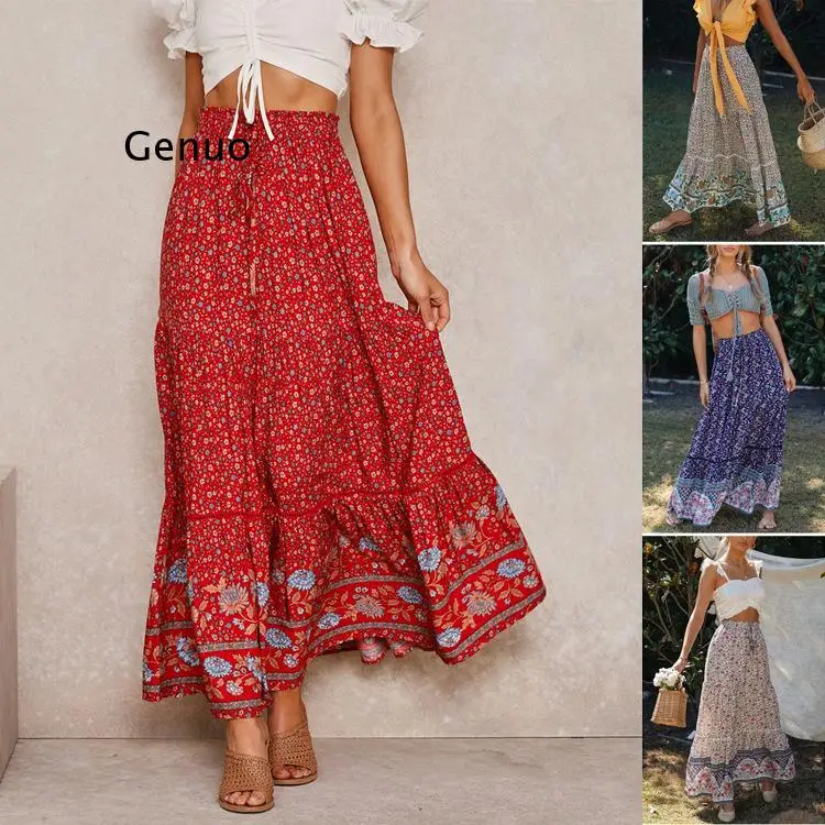 2026 Women Boho Floral Print Maxi Skirt Elastic Waist Tiered Long Skirt for Beach and Casual Wear