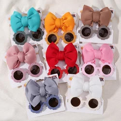 Set di occhiali per copricapo per bambini Solid Soft Bowknot Head Bands Girls Lace Barrette occhiali da sole retrò Set di fasce per capelli con Clip per capelli per bambini