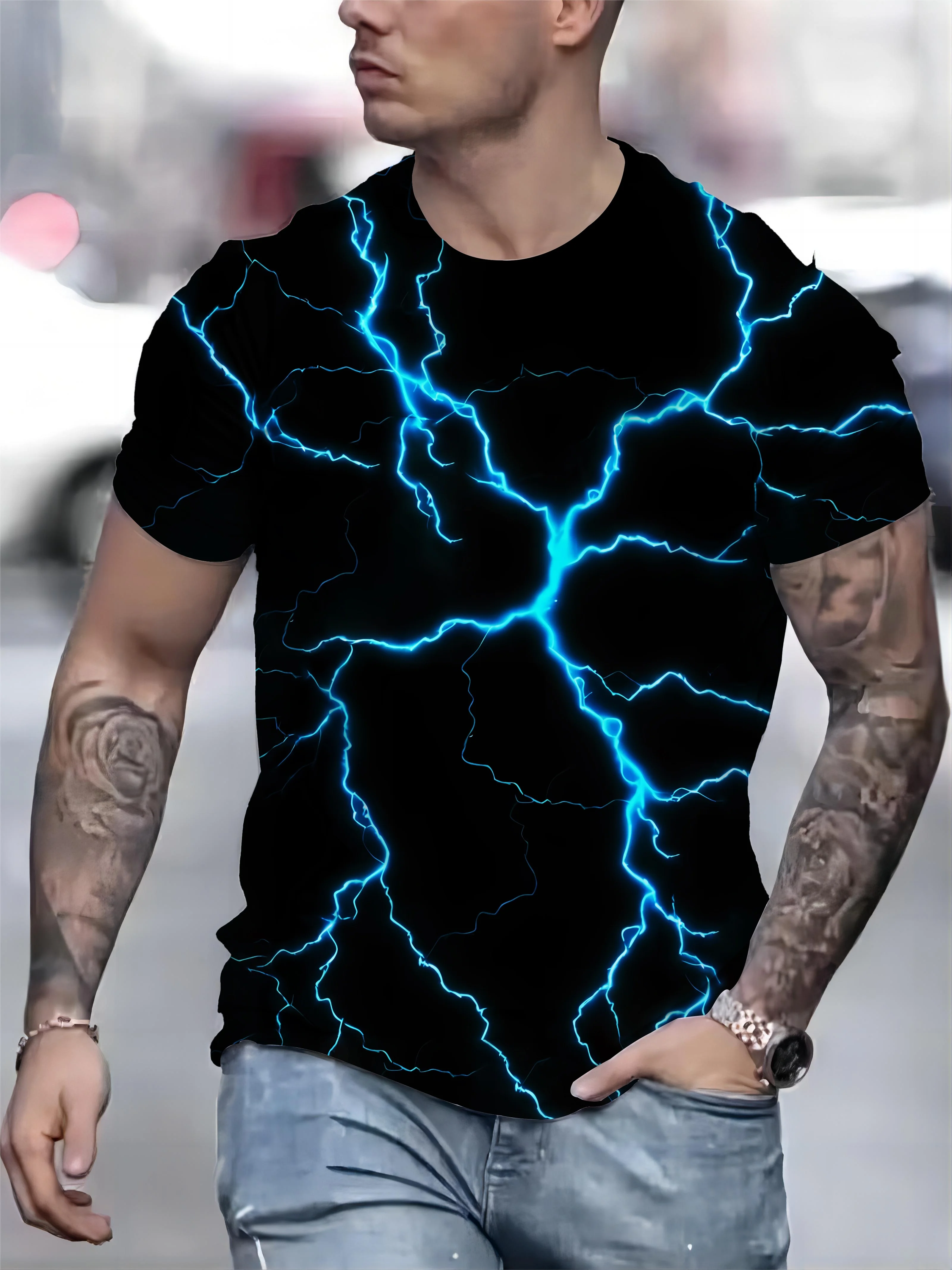 Men's Blue Lightning Print T-Shirt Black Thunder Pattern Crew Neck Short Sleeve Casual Streetwear Top