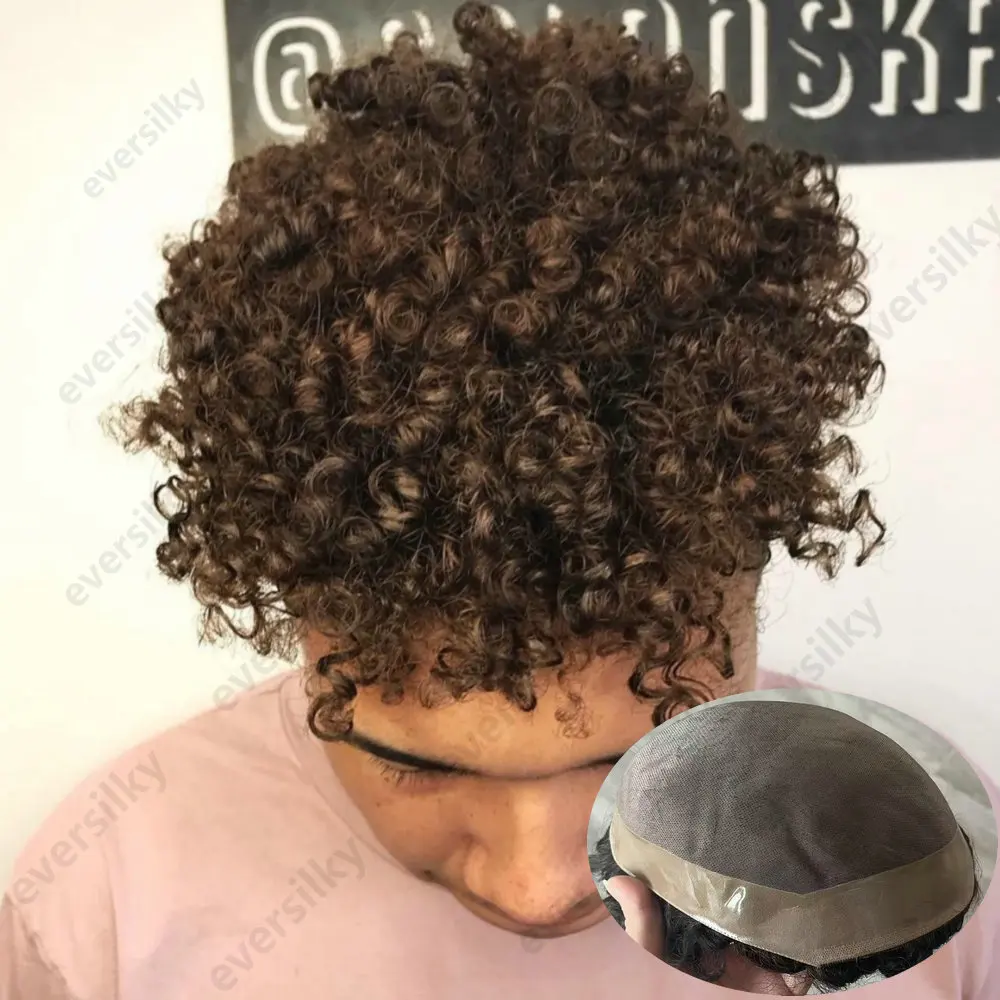 10mm/12mm Kinky Curly Herren-Toupet aus natürlichem Echthaar, supernatürlicher Haaransatz, Mono-Lace-Mesh-NPU-Basis, Haarprothesensystem – Detail 2