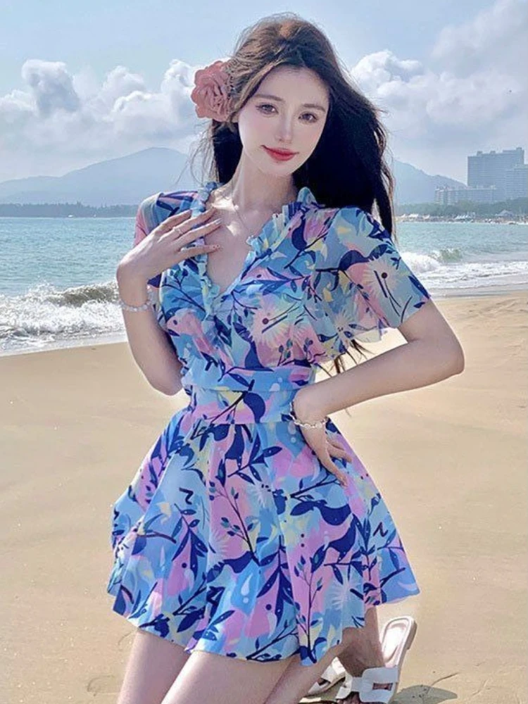 2026 New Women One Piece Bathing Suit V Neck Swimdress Short Sleeve Mesh Swimwear with Chest Support for Spa Vacation