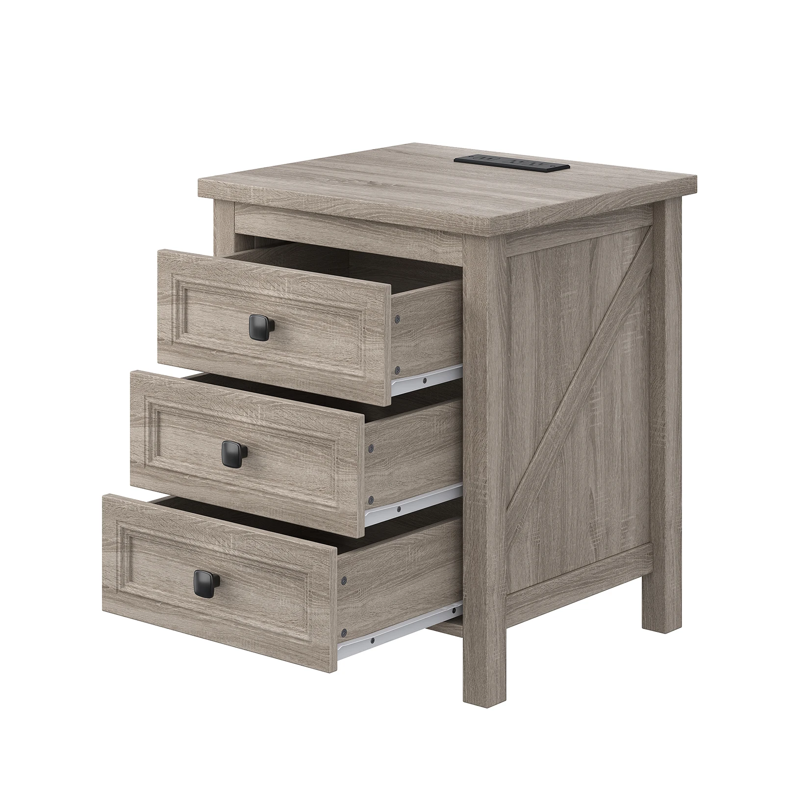 Farmhouse Nightstand w Charging Station AC Outlets USB Port 3 Drawers Side End Table for Bedroom Living Room Grey Wood Grain