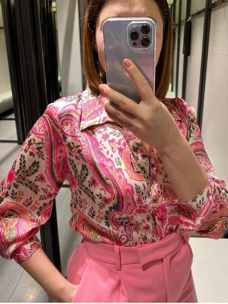 Pembe Paisley saten bayanlar bluz moda bahar uzun kollu elbise Turn Down yaka Casual kadın gömlek Vintage kadın üstleri 2022 yeni